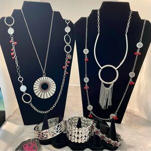 Paparazzi red and silver jewelry set- 4 necklaces, 3 bracelets, and 4 earrings.